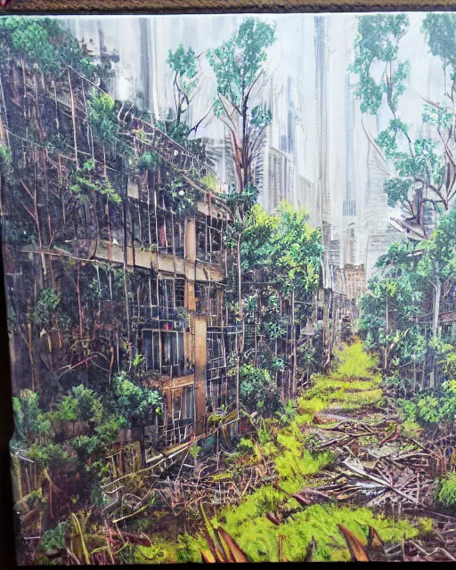 Image similar to abandoned overgrown city, acrylic