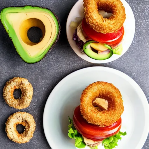 Image similar to sandwich with fried tofu, one red tomato slice, mayo, one white onion ring, avocado, melted cheddar, in a red dish, background with saturn and stars in the sky