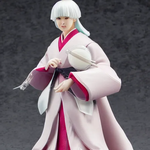 Prompt: a japanese princess young lady, with white hair and bangs!!!! beauty, action figure, well lit, studio light, painted action figure, toy advertisement