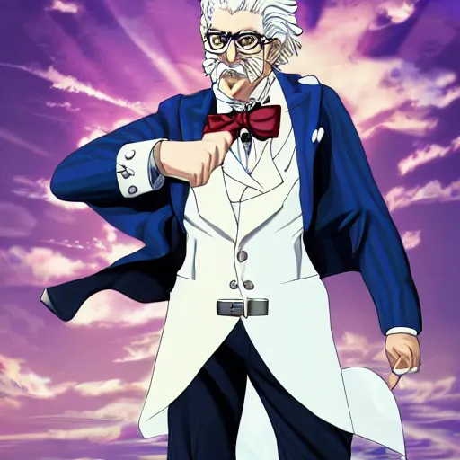 Prompt: colonel sanders in jojo's bizarre adventure, full body, landscape, high definition, ambient lighting, full color