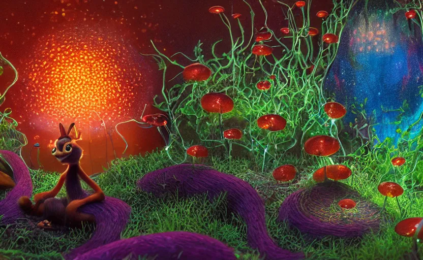 Image similar to foxfire fungi, fireflies, expressive eyes, floating, rbc, radiolaria, protophyta, micro - organisms, center frame, symmetric, rim light, marine microbiology, bioluminescence, electric, fur, soft, concept art, intricate details, highly detailed, colorful, photorealistic, disney pixar, octane render