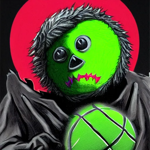 Image similar to a tennis ball monster, tennis ball, dark, chalky, flying bat tennis balls, dracula, digital art, fantasy, magic, trending on artstation, ultra detailed, professional illustration by Basil Gogos