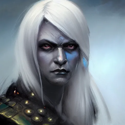 Image similar to closeup portrait of a drow warrior, dungeons and dragons character, dramatic lighting, castle background, gorgeous view, realistic, high detail, digital art, painted by greg rutkowski, painted by jeremy mann, trending on artstation