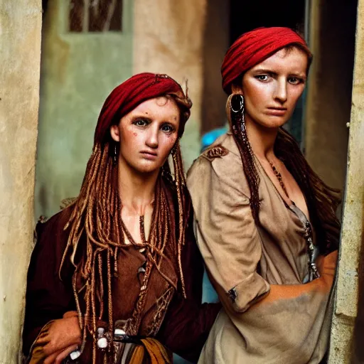 Prompt: beautiful 1 9 th century barbary coast pirate female models with ginger hair and golden hooped earrings photography by steve mccurry