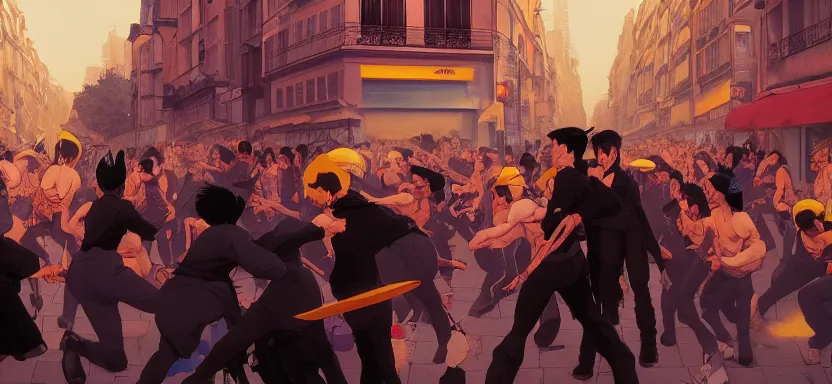 Prompt: riots in the streets of paris, digital painting masterpiece, by ilya kuvshinov, by frank frazetta, by mœbius, by reiq, by hayao miyazaki, intricate detail, beautiful brush strokes, advanced lighting technology, 4 k wallpaper, interesting character design, stylized yet realistic anatomy and faces, inspired by kill bill animated scene