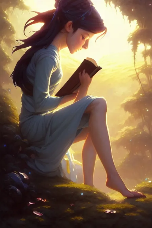 Image similar to highly detailed portrait of beautiful girl reading a book in avatar, dynamic pose, stephen bliss, unreal engine, fantasy art by greg rutkowski, loish, rhads, ferdinand knab, makoto shinkai and lois van baarle, ilya kuvshinov, rossdraws, tom bagshaw, global illumination, radiant light, detailed and intricate environment