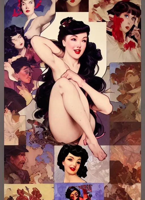 Image similar to intense fan art concept art by artgerm, tooth wu, bierstadt, gurney, stalenhag and alphonse mucha. an incredible collage of countless betty page pin up portraits, contour light effect!! 8 k, stage light. octane render. smooth. sharp edge. ultra clear detailed, full body various poses!!