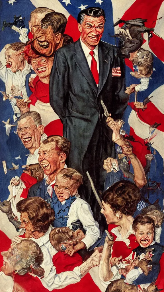 Image similar to satanic ronald regan, painting in the style of norman rockwell, 1 9 5 0 s, evil, satan, devil, demonic, demon, hyperrealistic, photorealistic, award - winning, 4 k, ultra hd, artstation, intricate, highly detailed, patriotic, american, usa, dark, gritty