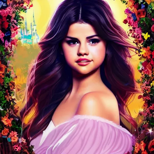 Prompt: selena gomez as disney princess, beautiful high quality artwork