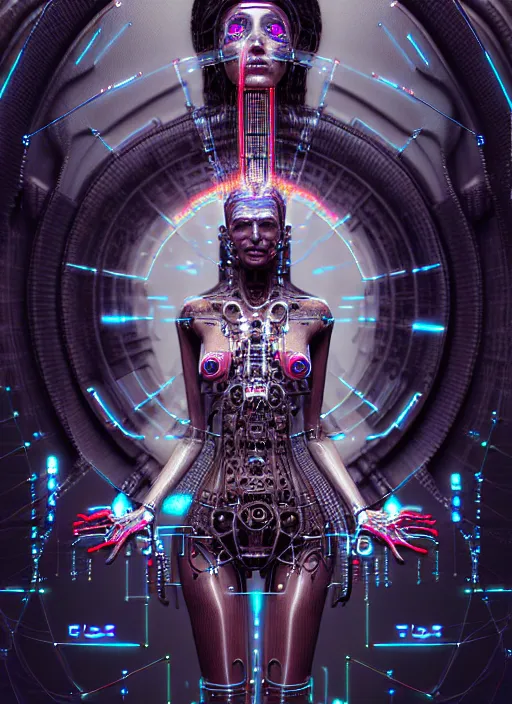 Prompt: timeless cybernetic deity girl with circuitry skin and networked mind tripping on acid, intricate detail, royo, whealan, giger, klimt, hd, octane render, unreal engine,