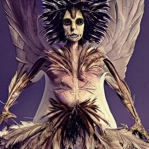 Prompt: humanoid alien species with human face, black feathers instead of hair, feathers growing out of skin, wings growing out of arms, transformation, tim burton, guillermo del toro