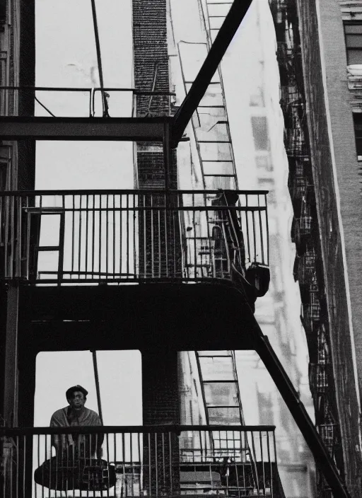 Image similar to a 35mm photograph of a man sitting on a fire escape in New York City in the 1960's at sunset, bokeh, Canon 50mm, cinematic lighting, photography, retro, film, Kodachrome, award-winning, rule of thirds, golden hour