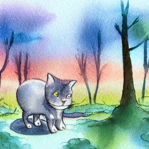 Image similar to tiny watercolour cats wandering through a forest into the distance illustration