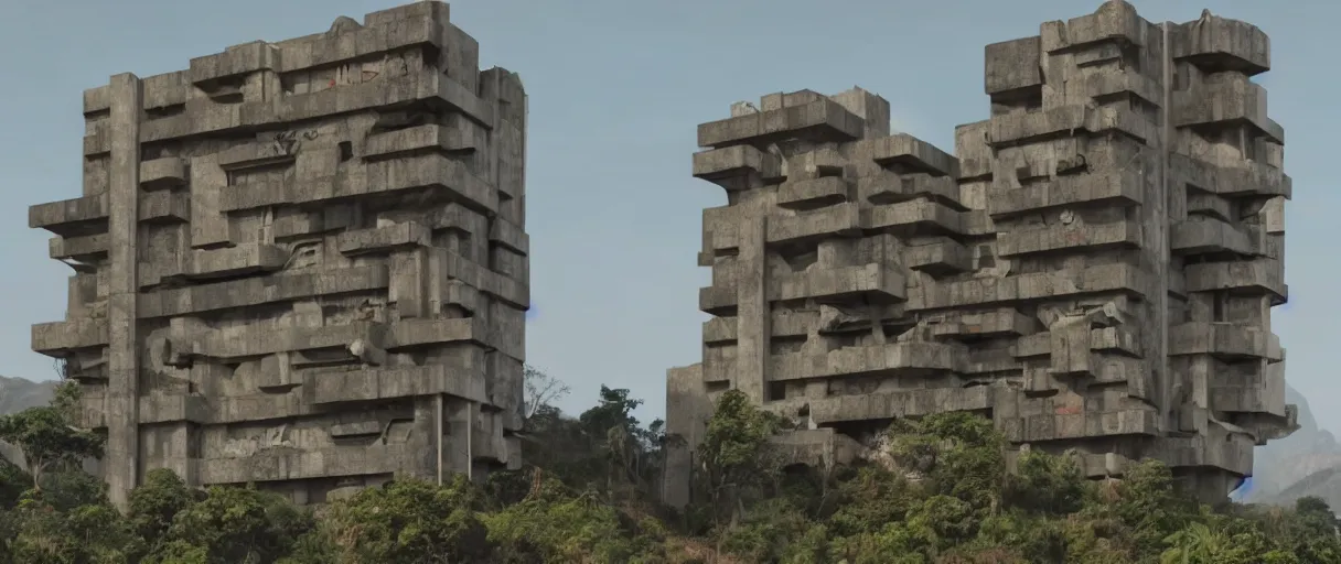 Image similar to Still from BIG MONKEY MOUNTAIN (2022) depicting ornate brutalist architecture