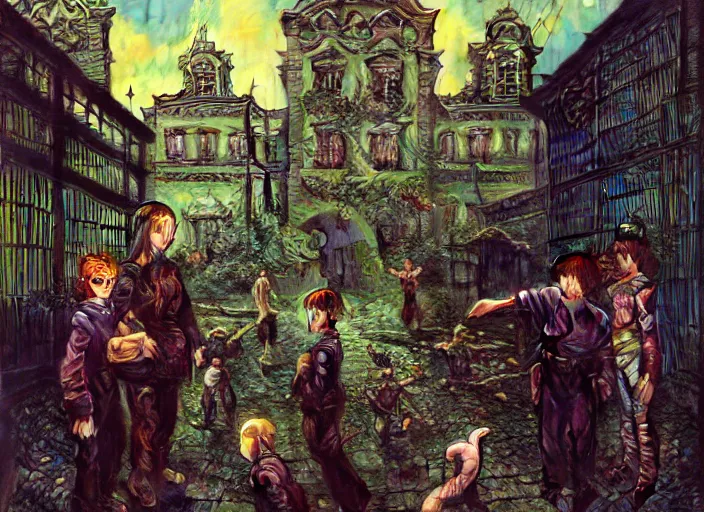 Prompt: realistic detailed image of a group of children and policeman in an old soviet yard in st petersburg. by Ayami Kojima, Amano, Karol Bak, Greg Hildebrandt, and Mark Brooks, Neo-Gothic, gothic, rich deep colors. Beksinski painting, part by Adrian Ghenie and Gerhard Richter. art by Takato Yamamoto. masterpiece