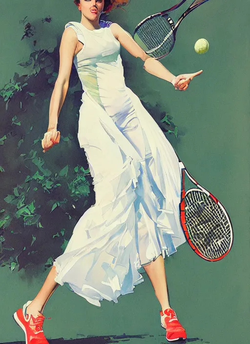 Image similar to a copic maker art nouveau portrait of a russian beautiful girl playing tennis at high speed wearing a futuristic anorak designed by balenciaga by john berkey norman rockwell