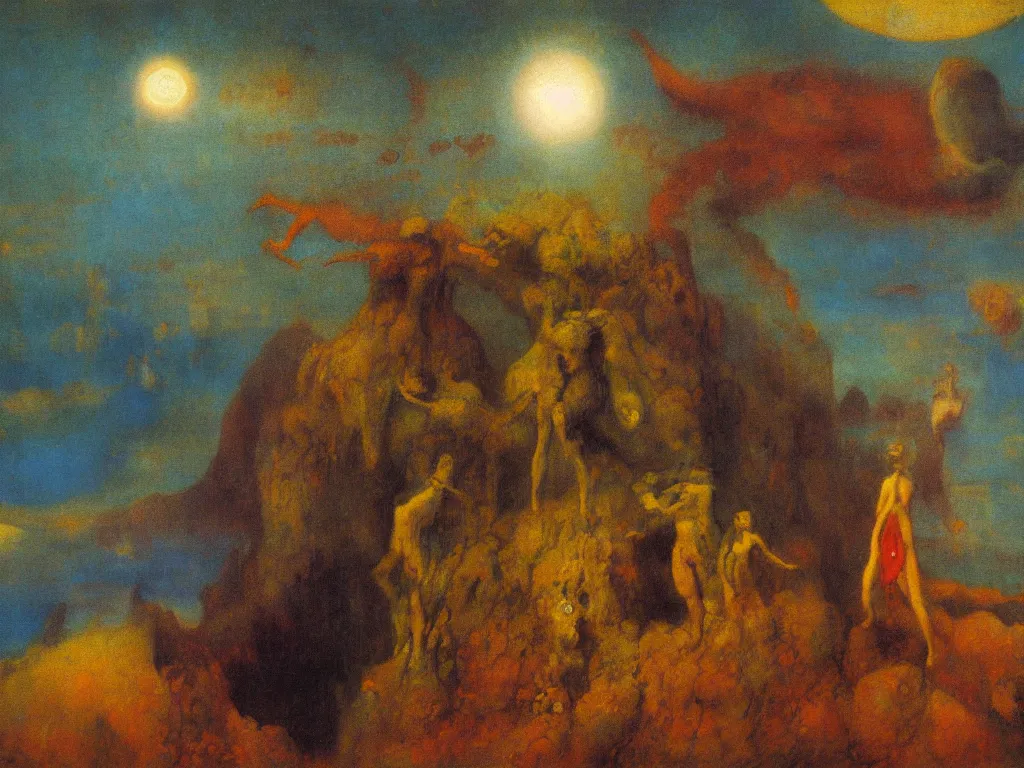 Prompt: dramatic lighting colorful surrealist symbolist oil painting titled'now we'll all be brothers of the fossil fire of the sun ', magical realism symbolist, wooded landscape with hybrid animal figures, painted by arnold bocklin and odilon redon and max ernst, shocking detail trending on artstation 8 k