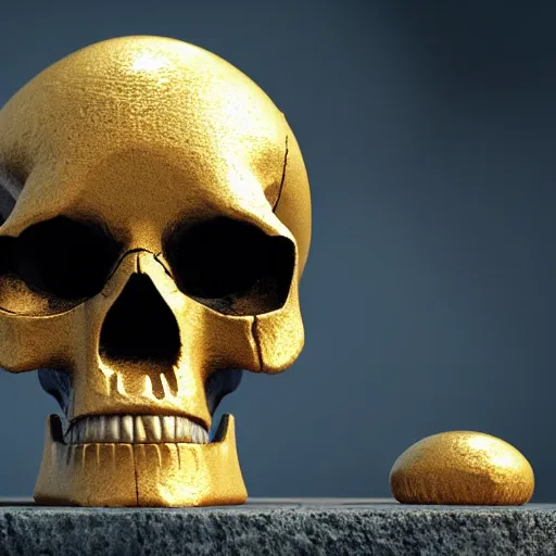 Image similar to medium shot of a skull made of solid gold sits on an abandoned gravestone, beautiful detailed intricate insanely detailed octane render, 8k artistic photography, photorealistic, unreal engine