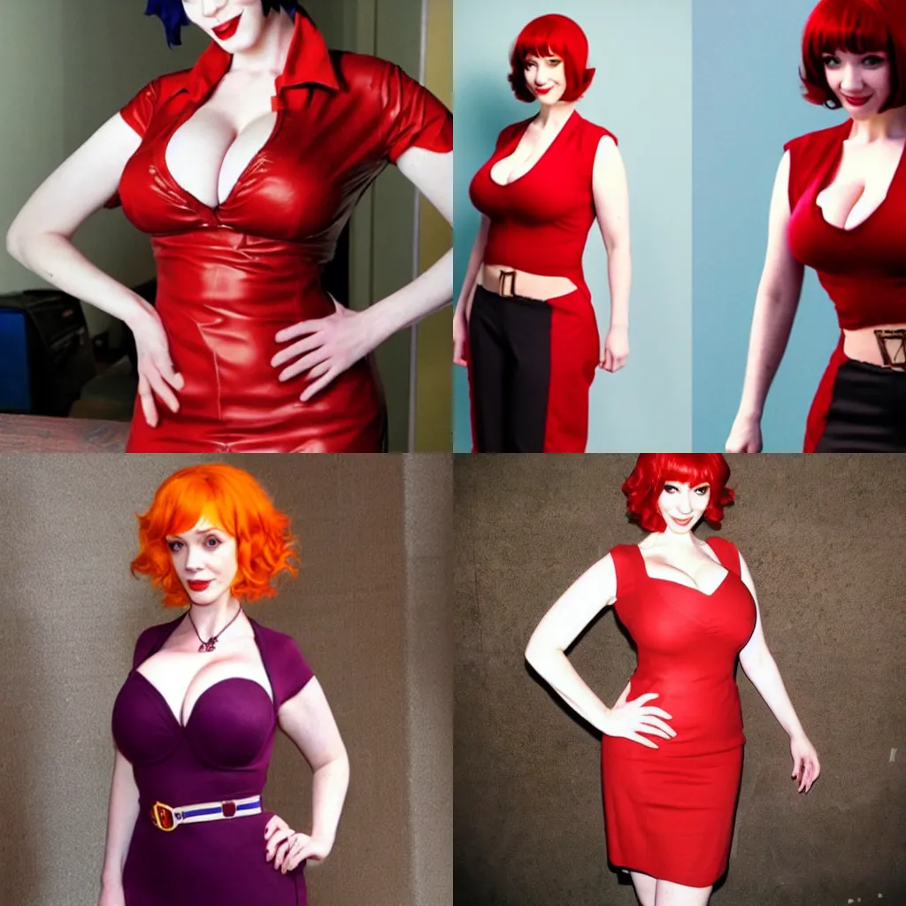 Prompt: Christina Hendricks cosplaying as Faye Valentine from Cowboy Bebop