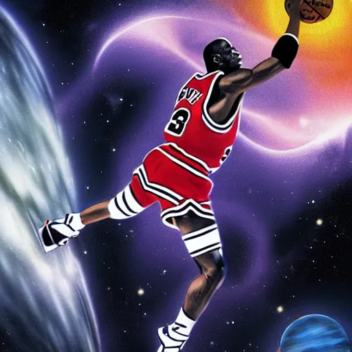 Prompt: Poster of Michael Jordan in space dunking into a black hole, highly detailed