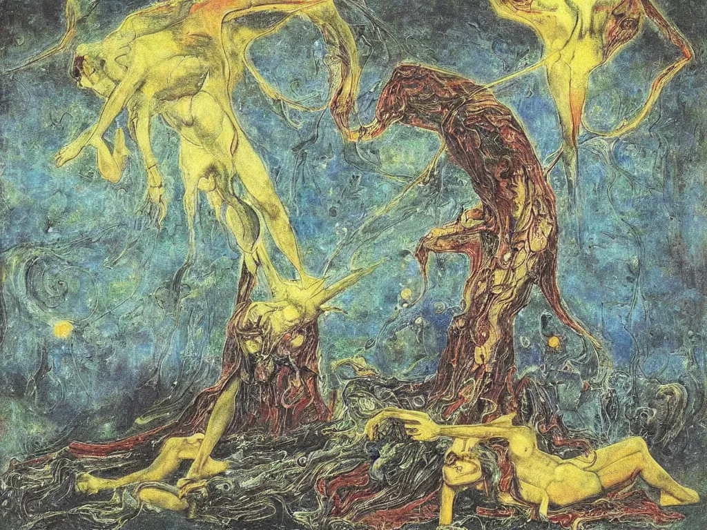 Image similar to cosmic pupil under torrential rain. valley of joy and despair. open manuscript of alchemic insect. painting by max ernst, moebius, arnold bocklin, william blake