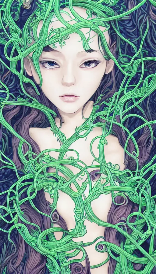 Image similar to very detailed portrait of a 2 0 years old girl surrounded by tentacles, the youg woman visage is blooming from fractal and vines, by gainax co,