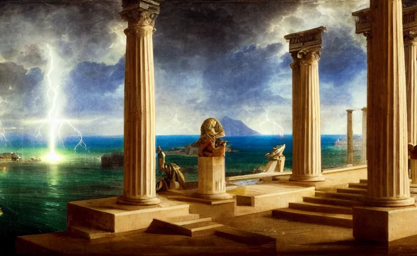 Prompt: mediterranean balustrade and columns, refracted lightnings on the ocean, thunderstorm, greek pool, beach and Tropical vegetation on the background major arcana sky and occult symbols, by paul delaroche, hyperrealistic 4k uhd, award-winning, very detailed paradise