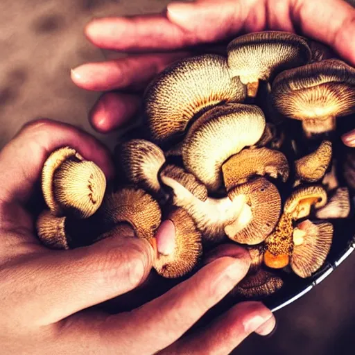 Image similar to iphone 1 3 pro photo of hands holding a golden teacher mushrooms