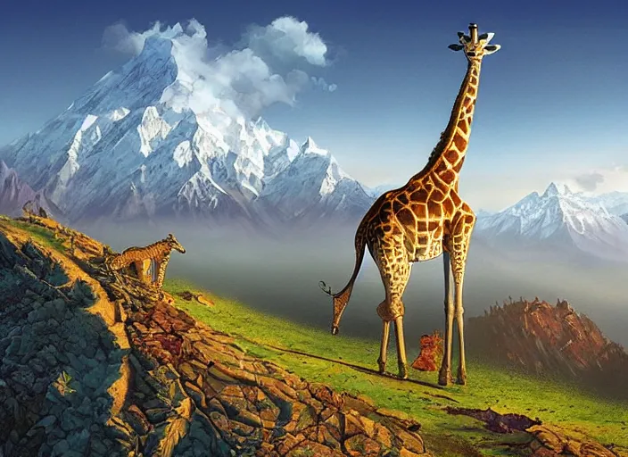Prompt: a giraffe on the himalaya mountain, summer morning, very coherent and colorful high contrast, art by gediminas pranckevicius, geof darrow, dark shadows, hard lighting