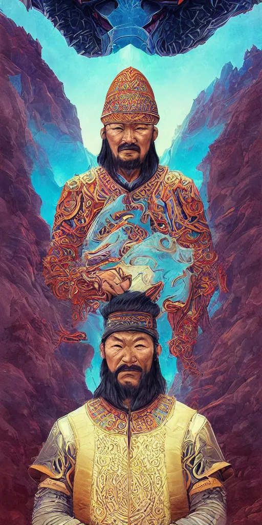 Image similar to highly detailed portrait of genghis khan by roger dean and alena aenami, intense eyes
