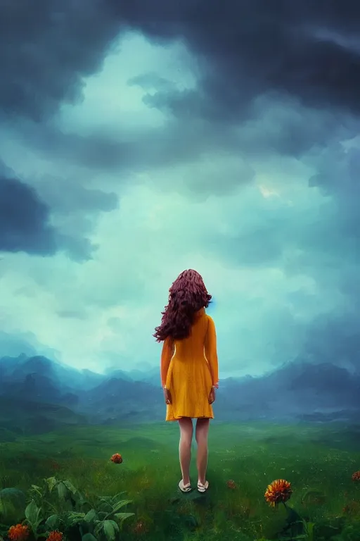Prompt: closeup giant dahlia flower as the head, girl standing on mountain, surreal photography, blue storm clouds, dramatic light, impressionist painting, digital painting, artstation, simon stalenhag