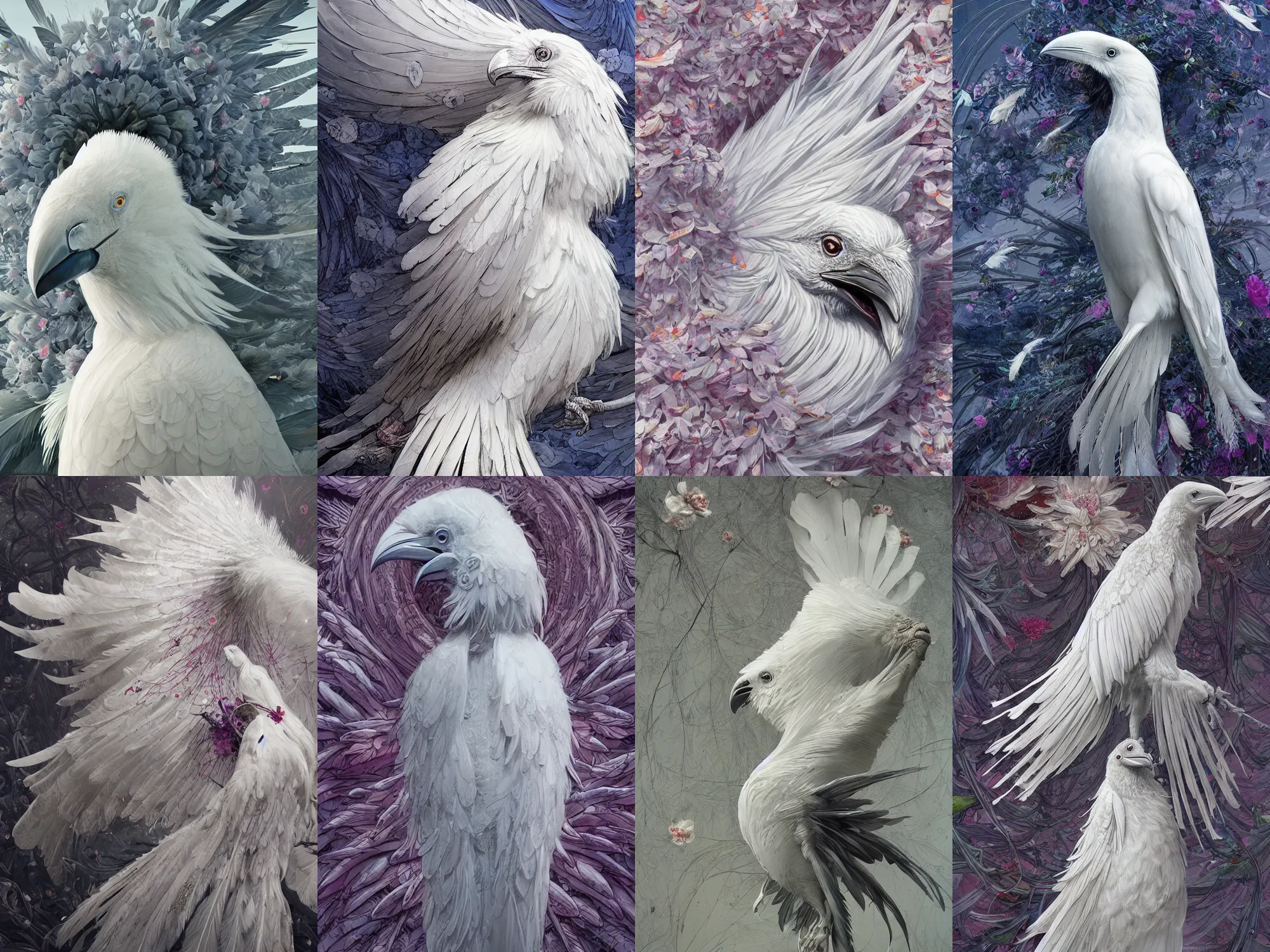 Prompt: a white raven with long feathers and flowers in them, flower petals flying around in the background, art by James Jean and Wayne Barlowe, high detail, cinematic, cgsociety 8k