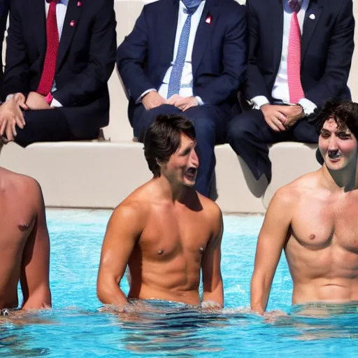 Image similar to justin trudeau. he is wearing a bikini. world leaders meeting,