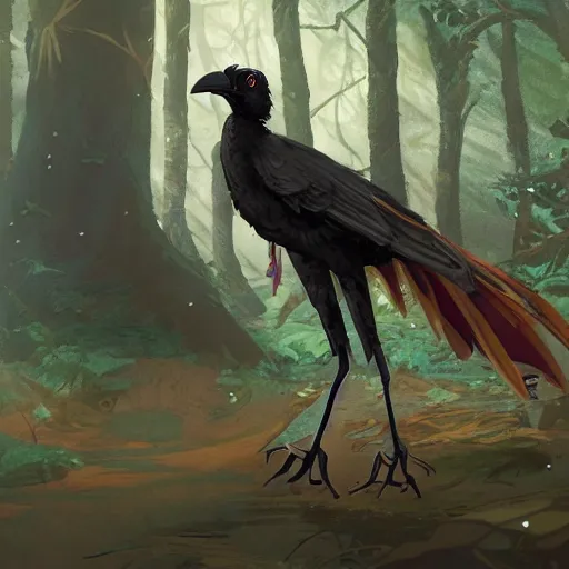 Image similar to concept art painting of an anthropomorphic crow person with steampunk clothes, in the deep forest, realistic, detailed, cel shaded, in the style of makoto shinkai and greg rutkowski and james gurney