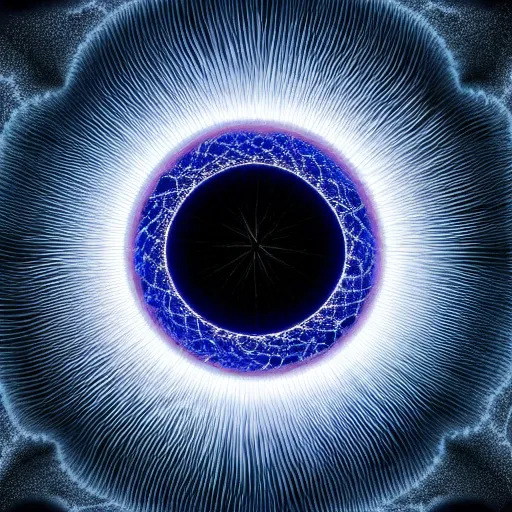 Prompt: A hyper-realistic dark blue glass sphere containing a white glowing fractal that is in the shape of a pupil. Black background