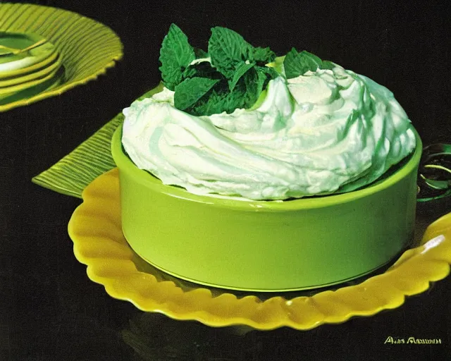 Prompt: 1970's cookbook color photograph of green ambrosia salad whipped cream sharp detail high detail