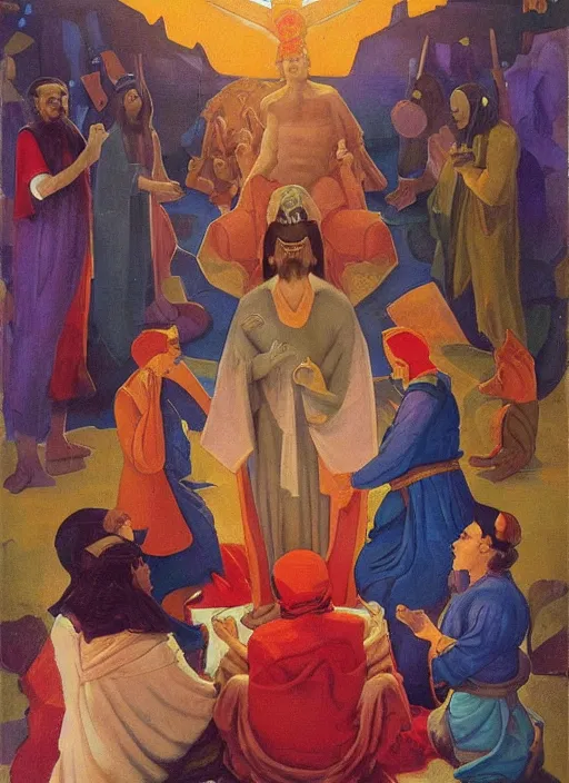 Image similar to transcendental adoration of the magi, occult rune symbolism epic surrealism 8k oil painting, portrait, perspective, high definition, cinematic, post modernist layering, by Nicholas Roerich, Annie Swynmerton, Diego Rivera, John William Godward