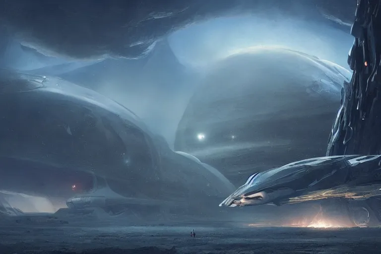 Image similar to spaceship lands on the face of a foreign alien planet, foreboding, dangerous, dark, scary, brooding amazing concept painting by Jessica Rossier and HR Giger