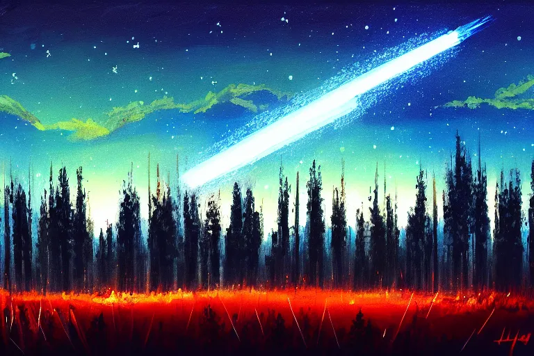 Image similar to artillery lights up the night sky, forest clearing background, at night, oil on canvas, bloom highlights, view from the ground, poster art, darkness, video game art, digital art, fine brushstrokes, hdr, 4 k