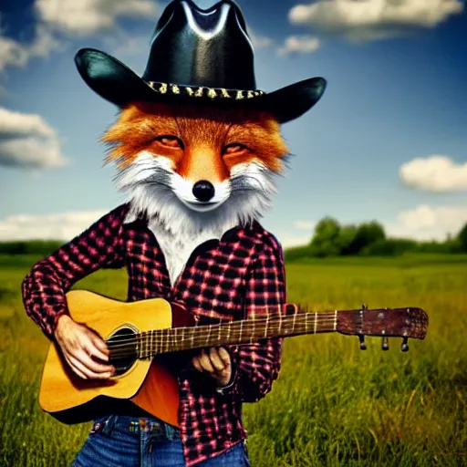 Image similar to a female fluffy anthropomorphic fox animal, head of fox, wearing cowboy hat, wearing plaid shirt, playing guitar, in a field, barn in background, album cover style