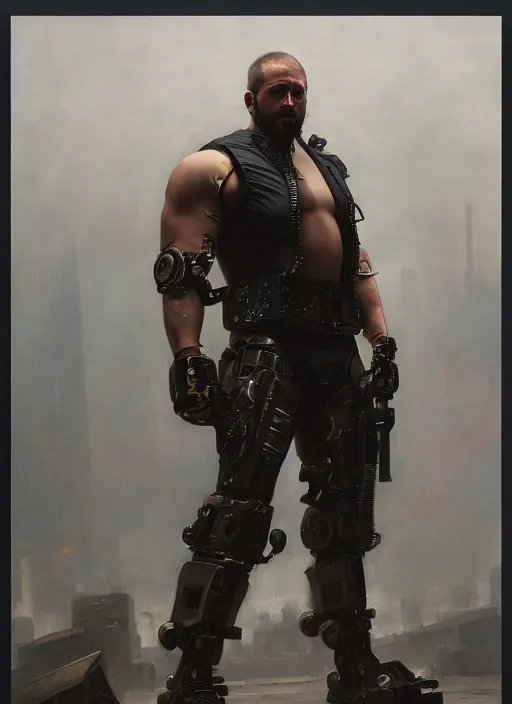 Image similar to weightlifter with super large robot arms. cyberpunk mercenary in a military vest ( blade runner 2 0 4 9, cyberpunk 2 0 7 7 ). orientalist portrait by john william waterhouse and james gurney and theodore ralli and nasreddine dinet, oil on canvas. cinematic, hyper realism, realistic proportions, dramatic lighting, high detail 4 k