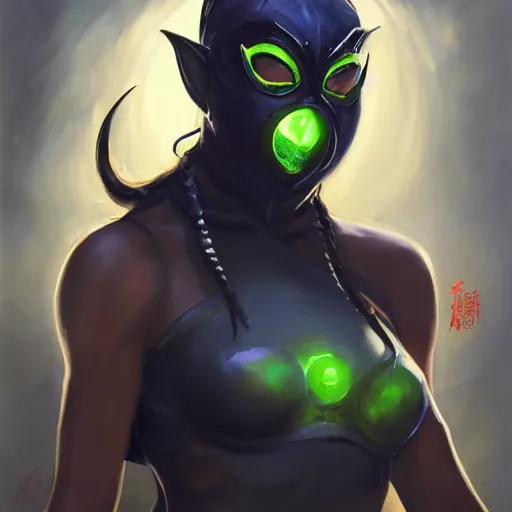 Image similar to greg manchess portrait painting of jade from mortal kombat a dark elf with glowing eyes wearing a mask covering her mouth as overwatch character, medium shot, asymmetrical, profile picture, organic painting, sunny day, matte painting, bold shapes, hard edges, street art, trending on artstation, by huang guangjian and gil elvgren and sachin teng