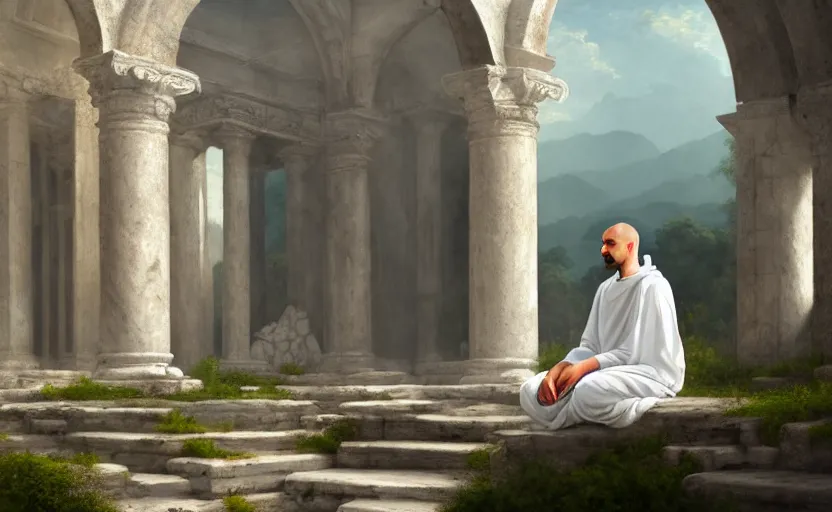 Prompt: distant monk wearing a white garment and sitting inside a great ruined marble temple while being illuminated by daylight, vegetation, detailed, photorealism, oil painting, 4k