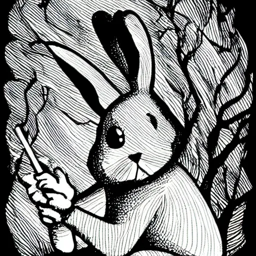 Prompt: black - and - white line art illustration of a rabbit smoking a cigarette, with smoke rising from the cigarette, background is a tangled forest, whimsical masterpiece by ernest shepard