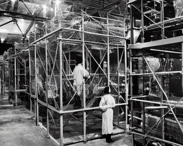 Image similar to scientists studying quetzalcoatl locked in a cage in a warehouse, 1 9 5 0's sci - fi, black and white, 8 k, highly ornate intricate details, extreme detail,