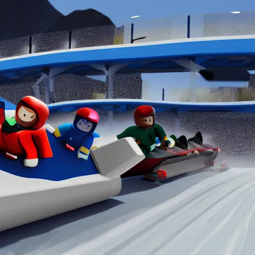 Image similar to photograph of a group of roblox avatars bobsledding in the olympics