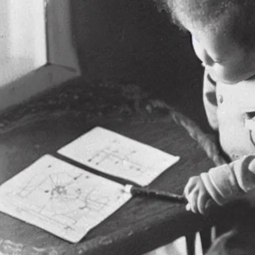 Image similar to Baby Albert Einstein making a crayon drawing of plans for a rocket