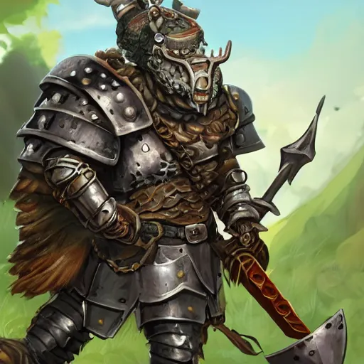 Prompt: d & d, short haired armored bugbear wielding rusty cleaver with chains and a shield, large backpack and and a greatsword wearing mossy rags and a poorly fitted helmet and chestplate