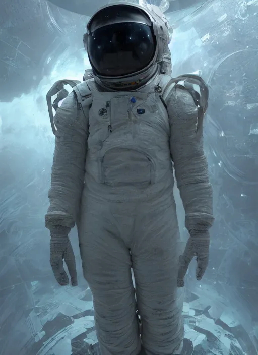 Image similar to concept art by craig mullins infrared complex and hyperdetailed technical astronaut suit in futuristic dark and empty spaceship underwater. reflection and dispersion materials. rays and dispersion of light. volumetric light. 5 0 mm, f / 3 2. noise film photo. flash photography. unreal engine 4, octane render. interstellar movie art