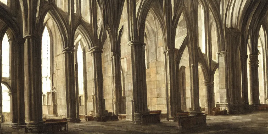 Image similar to a painting of the interior of Kirkwall cathedral, orkney islands, tall columns, bright white morning light casts shadows, architectural, by Pieter Saenredam